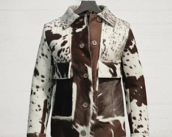 Hair on Cowhide Leather Jacket, Handmade Cow Print Western Coat, Brown Rodeo Outfit