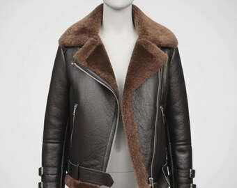 Handmade Shearling Aviator Jacket, Brown Leather B3 Bomber Coat for Women