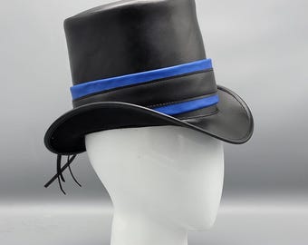 Handmade Black Leather Top Hat – Steampunk Gothic Style with Blue Band