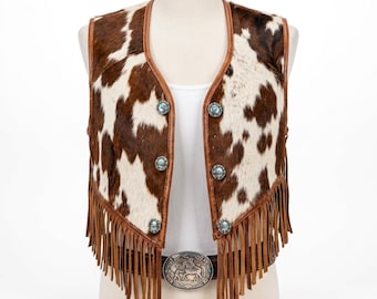 Gilet en cuir de vachette à franges pour femme, marron et blanc, style western, fait main, style cowgirl/rodéo.