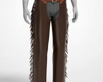 Handmade Brown Leather Chaps, Mens Western Wear with Fringe for Rodeo and Riding