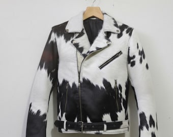 Cowhide Leather Biker Jacket: Black & White Hair-On Hide Moto Jacket