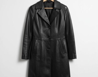 Handmade Black Leather Trench Coat – Minimalist 90s Leather Jacket Style