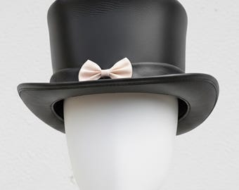 Handmade Black Leather Top Hat: Steampunk Gothic Costume with Cream Bow