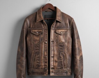 Handmade Brown Leather Jacket – Mens Distressed Trucker Style, Gift For Him