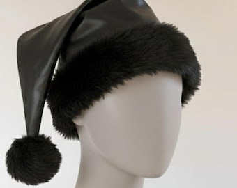 Handmade Black Faux Leather  Hat – Gothic Santa Hat, Winter Party Cap