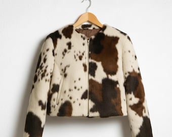 Handmade Cow Print Leather Jacket, Brown and White Hair on Hide Western Jacket