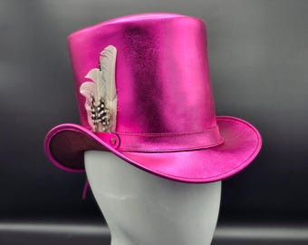 Handmade Metallic Hot Pink Leather Tall Top Hat with Feather – Steampunk Festival Cosplay Hat