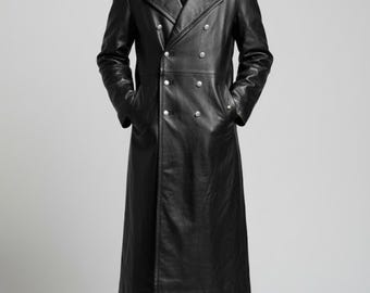 Handmade Black Leather Trench Coat – Double Breasted Military Style Long Jacket