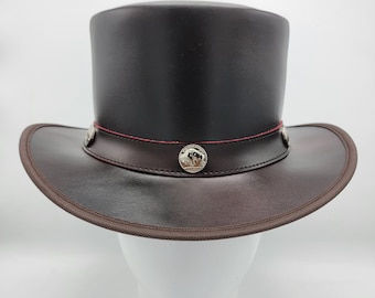 Handmade Brown Leather Top Hat: Western Steampunk Concho Hat