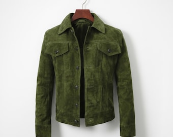 Handmade Green Goat Suede Trucker Jacket – Gift for Him