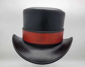 Handmade Black Leather Top Hat – Men's Biker Hat with Red Snakeskin Style