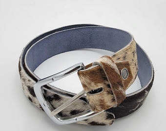 Handmade Brown Cowhide Leather Belt - Hair-On Hide Western Belt with Chrome Buckle