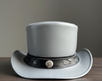 Handcrafted Grey Leather Top Hat – Unique Cowboy Hat for Men