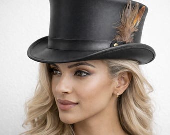 Black Leather Steampunk Top Hat | Feather Gothic Victorian Cosplay Hat