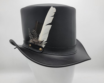 Handmade Black Leather Steampunk Top Hat with Feather – Gothic Victorian Cosplay Hat