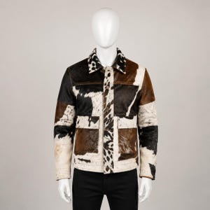 Men's Brown Black and White Cowhide Jacket, Western Patchwork Button Front Coat with Pockets