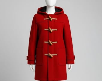 Handmade Red Wool Duffle Coat – Classic Winter Toggle Jacket for Women