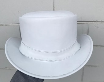 Handmade White Leather Top Hat: Victorian Steampunk Cosplay