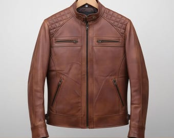 Handmade Brown Leather Jacket – Men's Biker Style