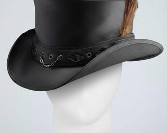 Handmade Black Leather Steampunk Top Hat with Feather | Gothic Victorian Festival Cosplay Hat