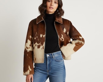 Cow Print Jacket, Genuine Cowhide Leather Coat, Western Rodeo Style for Men and Women