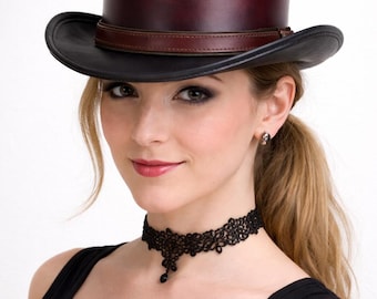 Handmade Burgundy Leather Top Hat | Steampunk Victorian Gothic Festival Hat