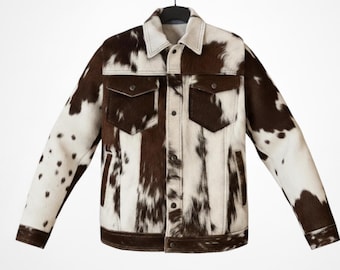 Vintage Cow Print Leather Jacket, Handmade Hair on Cowhide Coat, Western Rodeo Style
