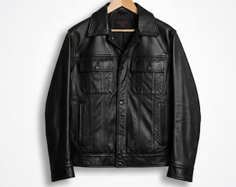 Handmade Black Leather Trucker Jacket – Men’s Vintage Style Coat
