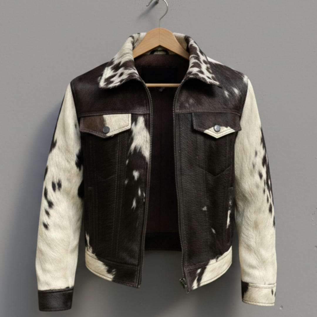 Women's Genuine Cowhide Leather Jacket – Natural Brown & White