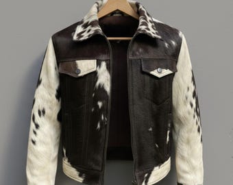 Genuine Cowhide Leather Jacket, Hair on Hide Coat, Western Cowboy Rodeo Style