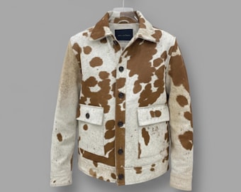 Cowhide Fur Jacket Men's Brown White Western Style Real Hair-on-Hide Trucker Coat