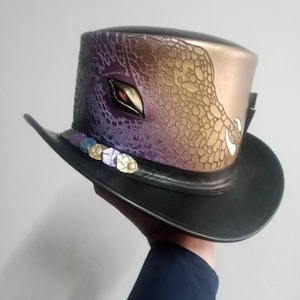 Leather Dragon Top Hat with Blue Eye  Handmade Fantasy Steampunk Hat LARP Cosplay Costume Burning Man Head dress Gothic Festival Biker Hat