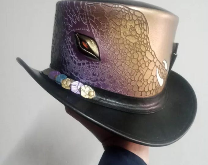 Featured listing image: Handmade Leather Dragon Top Hat – Steampunk Festival and Costume Hat
