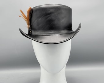 Black Leather Top Hat with Feathers: Handmade Steampunk Gothic Festival Hat