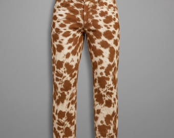 Handcrafted  Brown Faux Fur Cow Print Pants - Western Jeans for Festivals