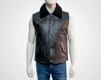 Handcrafted   Men's Western Leather Vest, Handmade Black Shearling Vest, Cowboy Biker Style