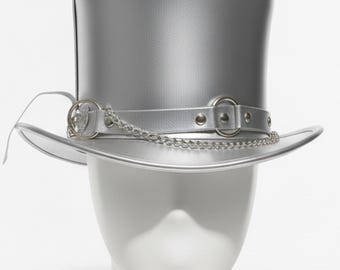 Handmade Silver Leather Steampunk Top Hat for Men | Gothic Festival Cosplay Hat with Chain