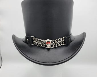 Handmade Black Leather Steampunk Top Hat with Skull Chain – Gothic Rock Cosplay Hat