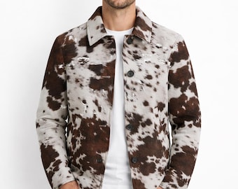 Hair on Cowhide  Brown Leather Jacket, Handmade Cow Print Coat, Western Biker Style