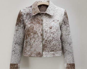 Hair on Cowhide Leather Jacket, Brown and White Cow Print Coat, Western Style Blazer