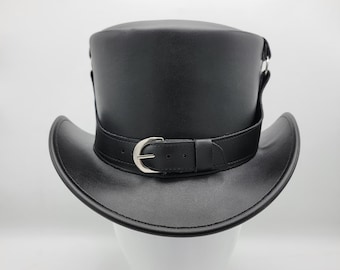 Handmade Black Leather Top Hat – Steampunk Hat, Gothic Victorian Biker Accessory