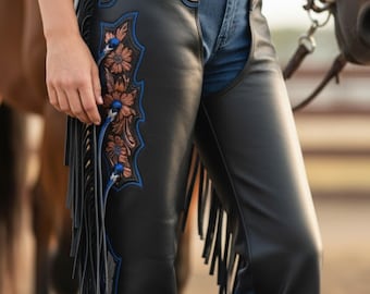 Custom Tooled Blue Leather Rodeo Chaps with Brown Accents and Flowing Side Fringe.