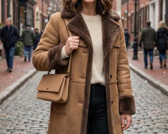 Handmade Brown Shearling Leather Coat for Women Fur Lined Winter Jacket for new year