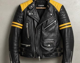 Handmade Black Yellow Leather Biker Jacket – Mens Motorcycle Cafe Racer Coat