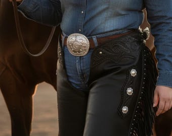 Handmade Black Leather Western Chaps with Fringe, Silver Conchos for Rodeo Cowboy Biker Gear.