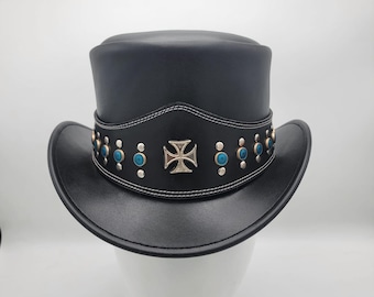 Black Leather Top Hat with Concho Band: Steampunk Gothic Style