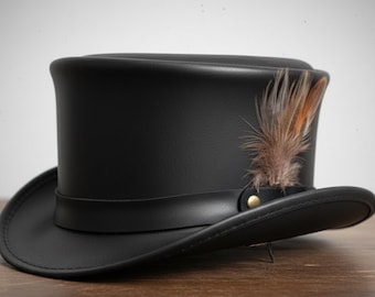 Black Leather Steampunk Top Hat | Feather Gothic Victorian Cosplay Hat