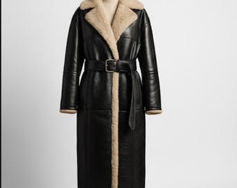 Handmade Black Faux Leather Shearling Coat – Long Winter Trench for Women