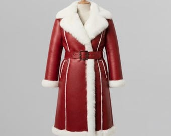 Handmade Red Faux Shearling Coat – 70s Retro Winter Long Coat for Women